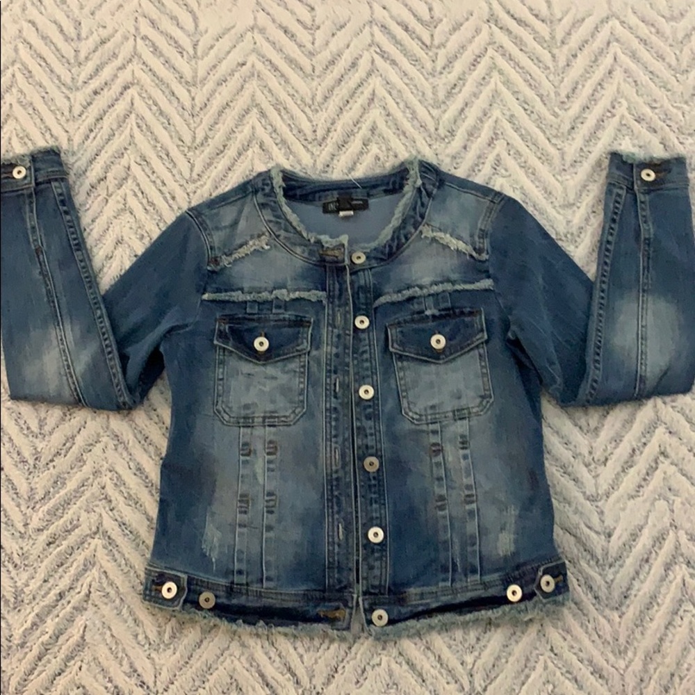 Distressed Collarless Jean Jacket
